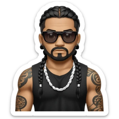 Samoan male. Facial hair on chin only.
No mustache hair, just chin.
Untucked loose fitting black t-shirt. 
long black braided hair.
very muscular.
Even More tattoos. 
Tough and menacing.
Dark black square sunglasses. sticker