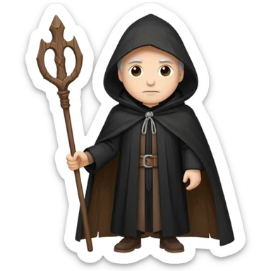 A wandering philosopher in a long black cloak with a staff sticker