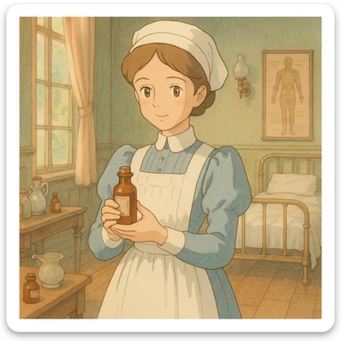 victorian nurse holding a medicine bottle sticker