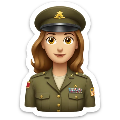Just shoulders White woman long brown hair in army uniform saluting   sticker