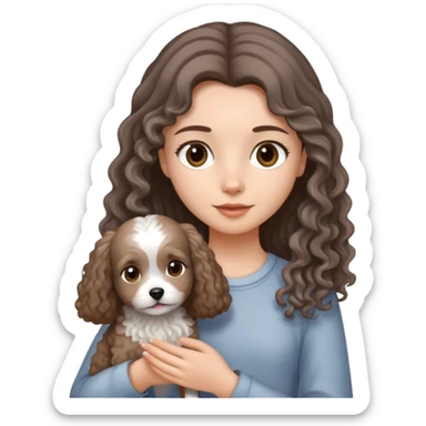 A girl with long straight hair holding a small light gray curly-haired dog sticker