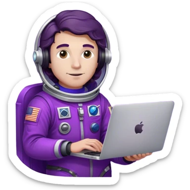 white guy astronaut with purple suit, long ombre black/brown wavy hair and one macbook sticker