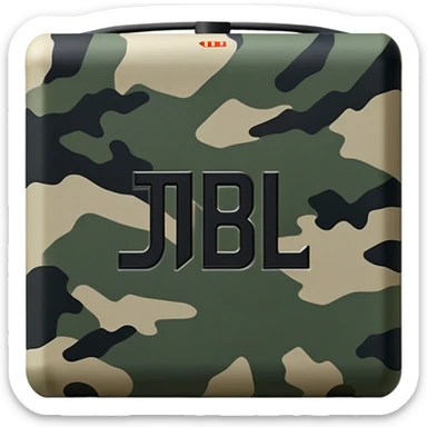 Minimalist JBL Go 4 portable speaker with military camouflage pattern, simple clean design, rectangular shape, subtle JBL logo sticker