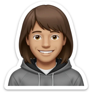 20 yr old man, brown hair, straight, big smile, white teeth, tanned skin, bangs, black hooded sweatshirt, long hair in back, middle parted bangs sticker