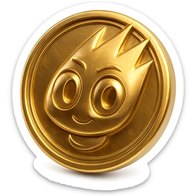 Create a gold flat token featuring the mascot head from the provided image. The head should be pink, identical in style and detail to the reference, centered, with no shadows, and on a transparent background. sticker
