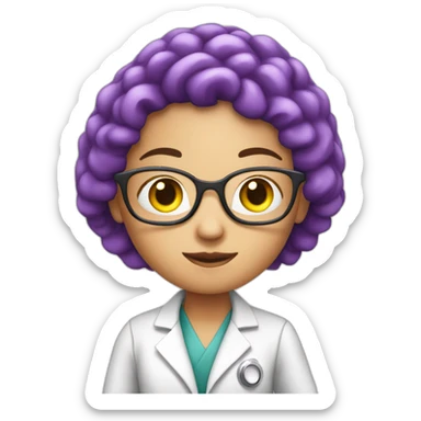 scientist women young with purple long hair with a brain in her hand sticker