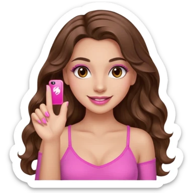 girl with long wavy brown hair, brown eyes, long lashes, sexy pink lips, light to medium complexion, wearing a pink sexy top, smiling, finger tips touching sticker