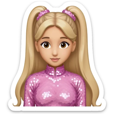 Ariana Grande with long dark blonde ponytail hair, light pink sequin outfit sticker