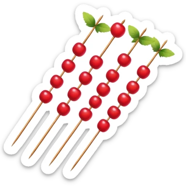 Northeast China candied hawthorn sticks tanghulu bright red fruits on skewer, simplified emoji style with bold outlines and bright colors, cartoon style sugar-coated berries sticker