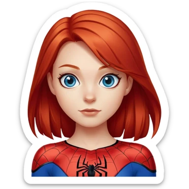 A girl with straight red hair and blue eyes in a spider-man costume sticker
