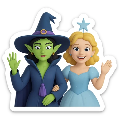 Add Glinda beside Elphaba, both in the Ozdust Ballroom scene, Glinda smiling. The style should resemble 3D emoji style with transparent background. sticker