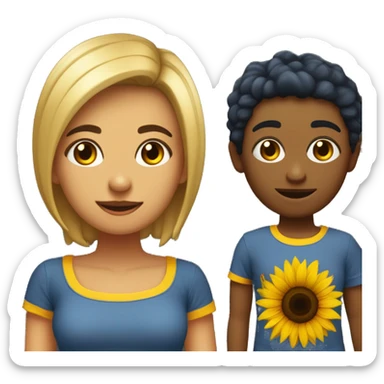 Chica e pelo castaño corto, de ojos marrones con piel poco morena y camiseta azul oscura de girasoles  sticker