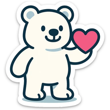 white bear holding a pink heart in hand, cartoon style sticker