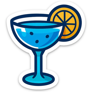 stylized blue drink in a cocktail glass with a lemon slice, vibrant toon style sticker