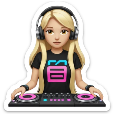 Beautiful cyberpunk chick stylish female DJ with long blonde hair, wearing black with neon on her graphic tshirt, with glowing turntables and headphones, 8k sticker
