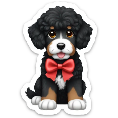 Black bernedoodle dog with red bow sticker