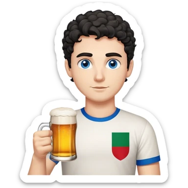 white guy thick eyebrows blue eyes with short curly black hair holding beer wearing a shirt with the italian flag sticker
