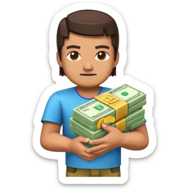 emoji style icon, minecraft blocky character holding a stack of money, pixel art style, bright colors, simple background, 3D glossy emoji, centered composition, soft shadow, high detail, clean outline, white background sticker