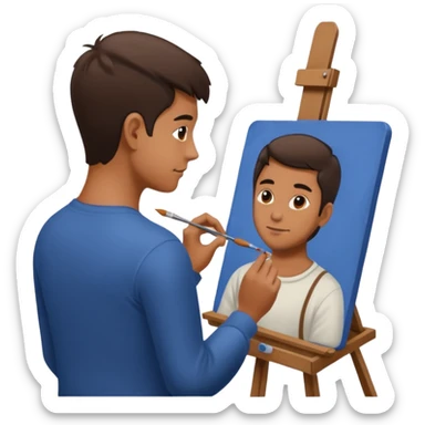 the artist stands with his back to the painting, painting a portrait sticker