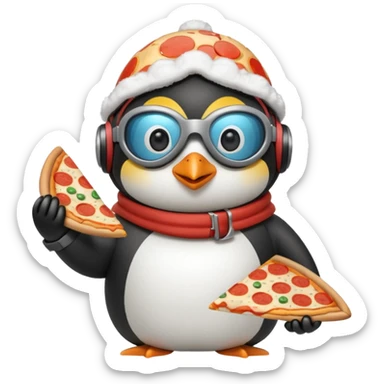 penguin with pizza slice, puffy winter coat, skiing goggles on head sticker