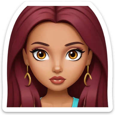 pretty bratz girl, latina, dark red hair,  long hair, brown eyes, black eyeliner, tan skin sticker