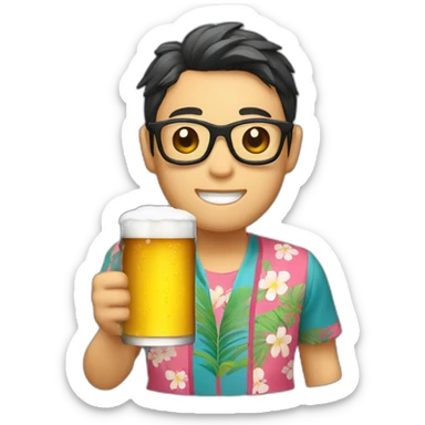 Japanese wearing roundglasses alohashirt is holding beer sticker