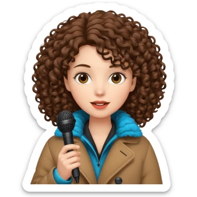 curly haired woman with winter clothes holding microphone sticker