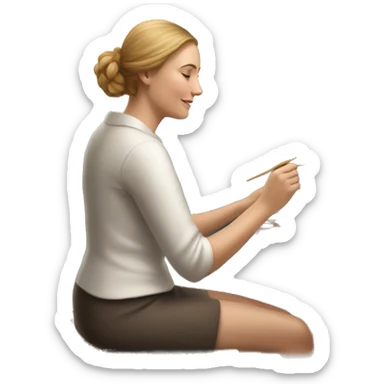 a white woman sitting in a wooden chair. she's painting a beautiful, scenic image on a canvas that's sitting on a wooden easel sticker