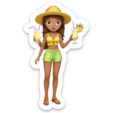 Full body of a very tan skinned girl with brown hair wearing a summer outfit sipping a piña colada sticker