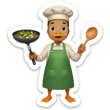 A duck holding a frying pan with sizzling vegetables, wearing green apron sticker