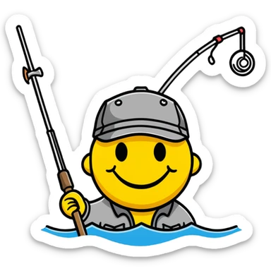 smiley face holding a fishing pole and wearing a fishing cap sticker