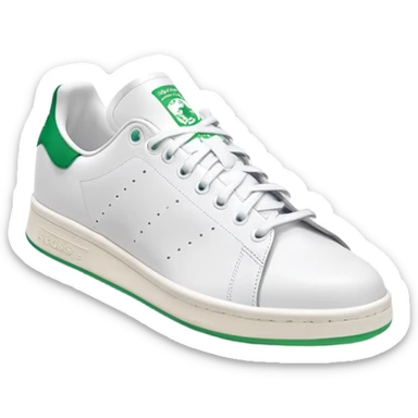 White Adidas Stan Smith shoe with green accents, iconic tennis sneaker, clean design, white with green heel tab, front angle view sticker
