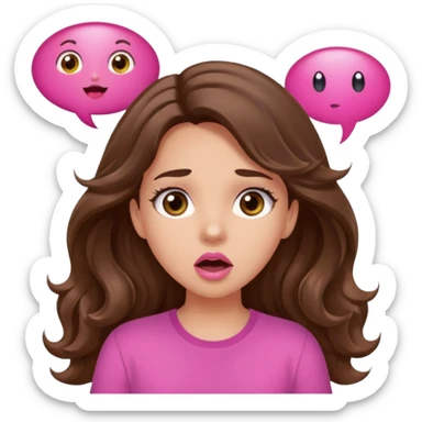 girl with long wavy brown hair, brown eyes, light to medium complexion, in a pink shirt, pink lips, long lashes, surprised, wow speech bubble sticker
