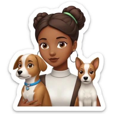 smart, 30 year old, brown African girl, back bun hairstyle, with one big white brown dog sticker