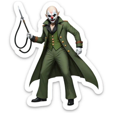 evil clown, bald, small black horns on forehead, fangs, pointed ears, eye patch over one eye, long coat over black and military green leisure suit with bellbottom pants, tail, holding a whip, no knife, realistically proportioned, less bulky, full body, battle-ready, fighting posture sticker