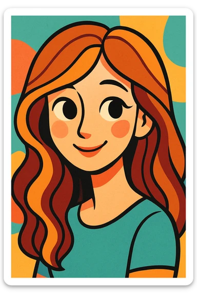 a beautiful girl with a kind, gentle expression, soft features, and flowing hair, vibrant illustration style sticker