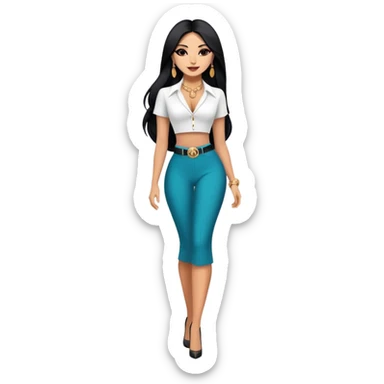 beautiful woman boss, with long straight black hair, with make up, black eye liner, smile, mexican, brown skin, wearing beautiful sexy outfit and white earings, she stand up, full body sticker