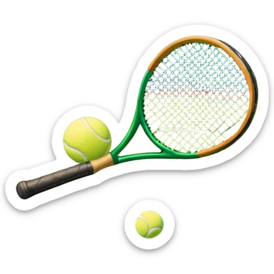 A tennis racket and a ball placed on a grassy court, with the net visible in the background. The scene captures the elegance and energy of the sport, with a vibrant green court and soft sunlight highlighting the equipment. sticker