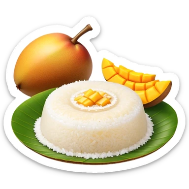 cinematic-realistic-mango-sticky-rice-dessert-emoji,-showcasing-sweet-sticky-rice out of a mould-paired-with-ripe-mango-slices-and-coconut-milk-rendered-with-lifelike-detail-and-warm,-inviting-lighting with the coconut  milk over the rice sticker