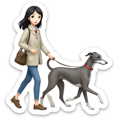 Japanese girl with flowing hair walking a grey greyhound sticker