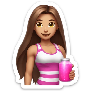 fitness girl with straight long brown hair, wearing silver bracelets and a white stripes tops and holding a pink magic potion sticker