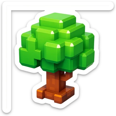A voxel-style tree with green leaves and a brown trunk, vibrant colors, simple geometric shapes, and a glossy finish sticker