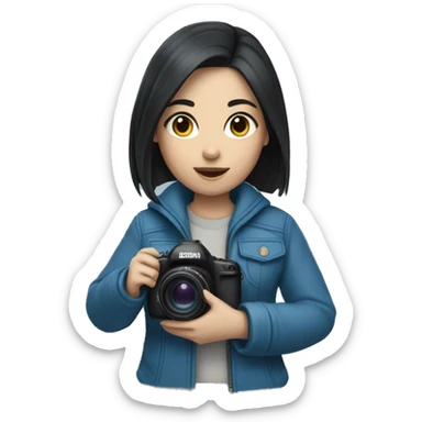 a girl with black hair, in a blue jacket, holding a camera in her hands, White skin sticker