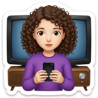 A girl, brunette with curly hair down to her shoulders, watching TV.  sticker