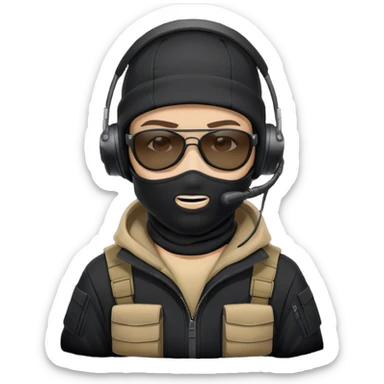 Tactical operator with a black backward cap, white balaclava, black sunglasses, and a military headset with a microphone, wearing a dark hoodie. sticker