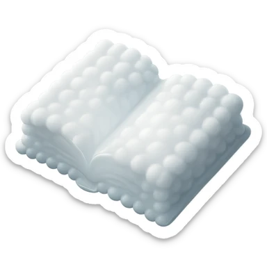 top view of a thick open book made entirely of small, very bright white fluffy convex clouds, matte glass style sticker