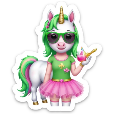 friendly anthropomorphised female unicorn with horse-like face, in tutu and pink t-shirt, wearing dark sunglasses, holding a shamrock or wearing a green accessory for St. Patrick's Day sticker