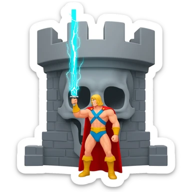 He-man in red cape holding up sword with power color shooting from sword towards sky in front of a skull shaped gray castle sticker