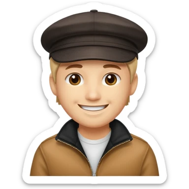 Créame a un chico blanco con gorra negra con el pelo castaño y qué tenga una chaqueta blanca más animado sticker