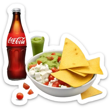 Bowl with guacamole, tomatoes, feta cheese, a side of nachos and a coca cola  sticker